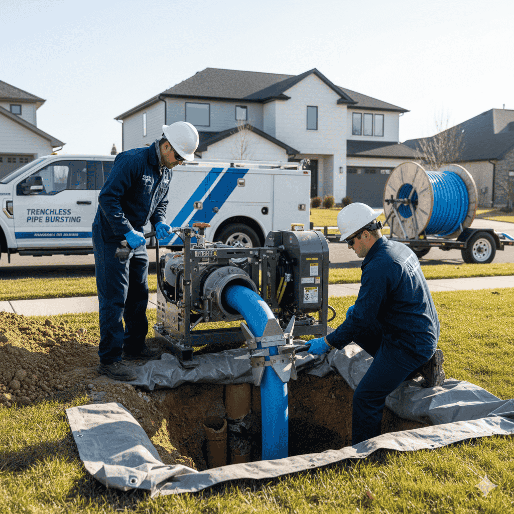 Hydraulic pipe bursting equipment pulling new HDPE pipe through old damaged sewer line in Yucaipa